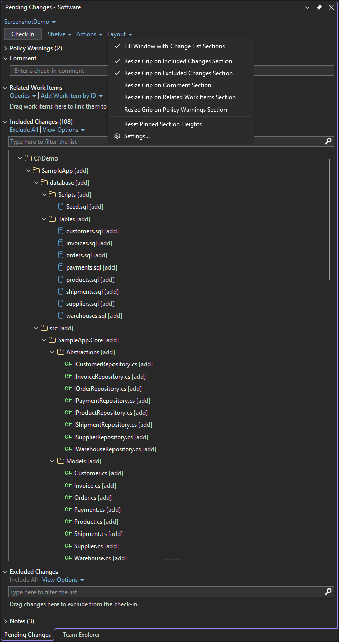 The Layout menu on the Pending Changes page