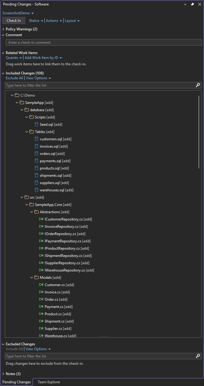 The Pending Changes window with Included Changes filling the window